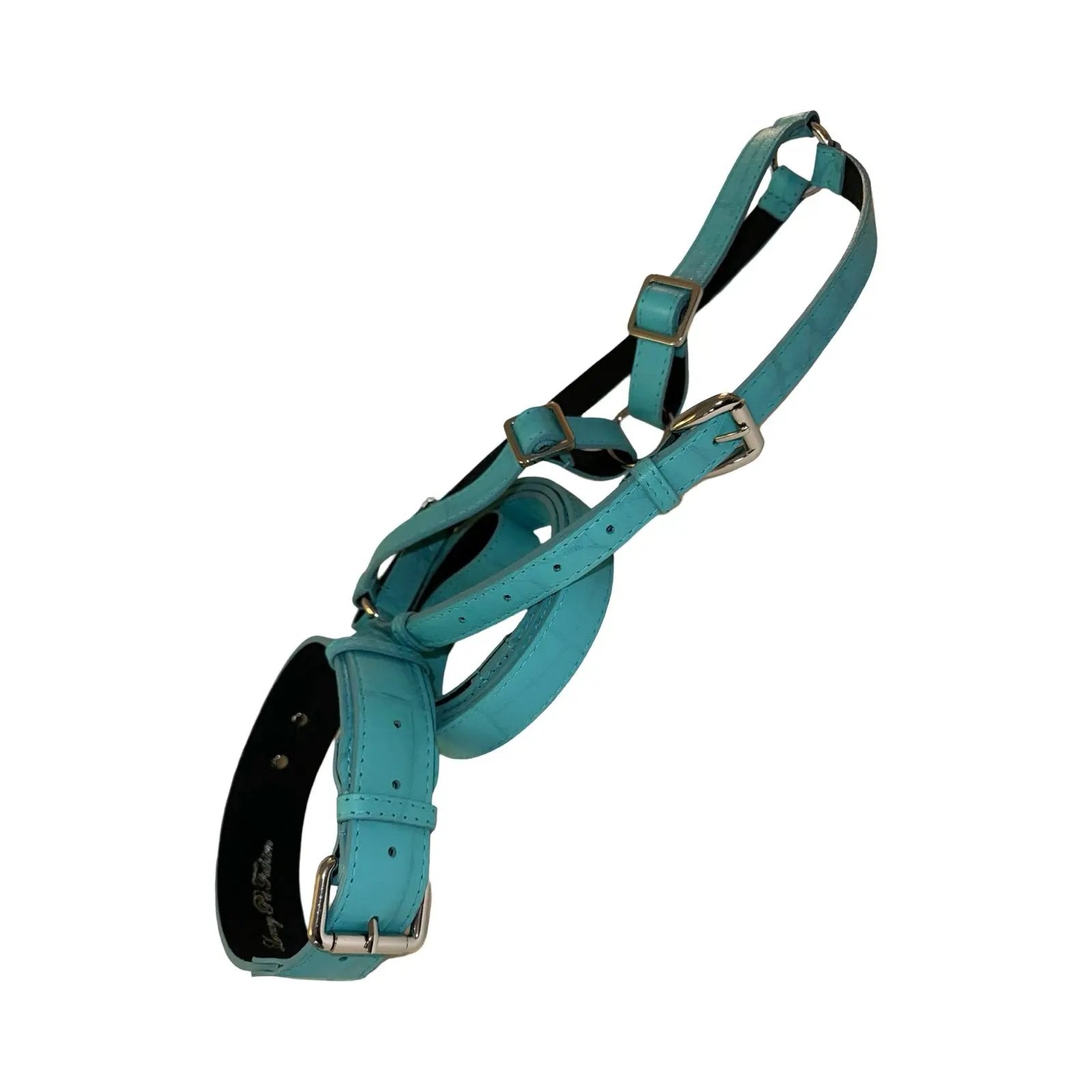 3-piece turquoise embossed croc leather collar, harness & leash set with gold hardware by Allysa Payne Beverly Hills