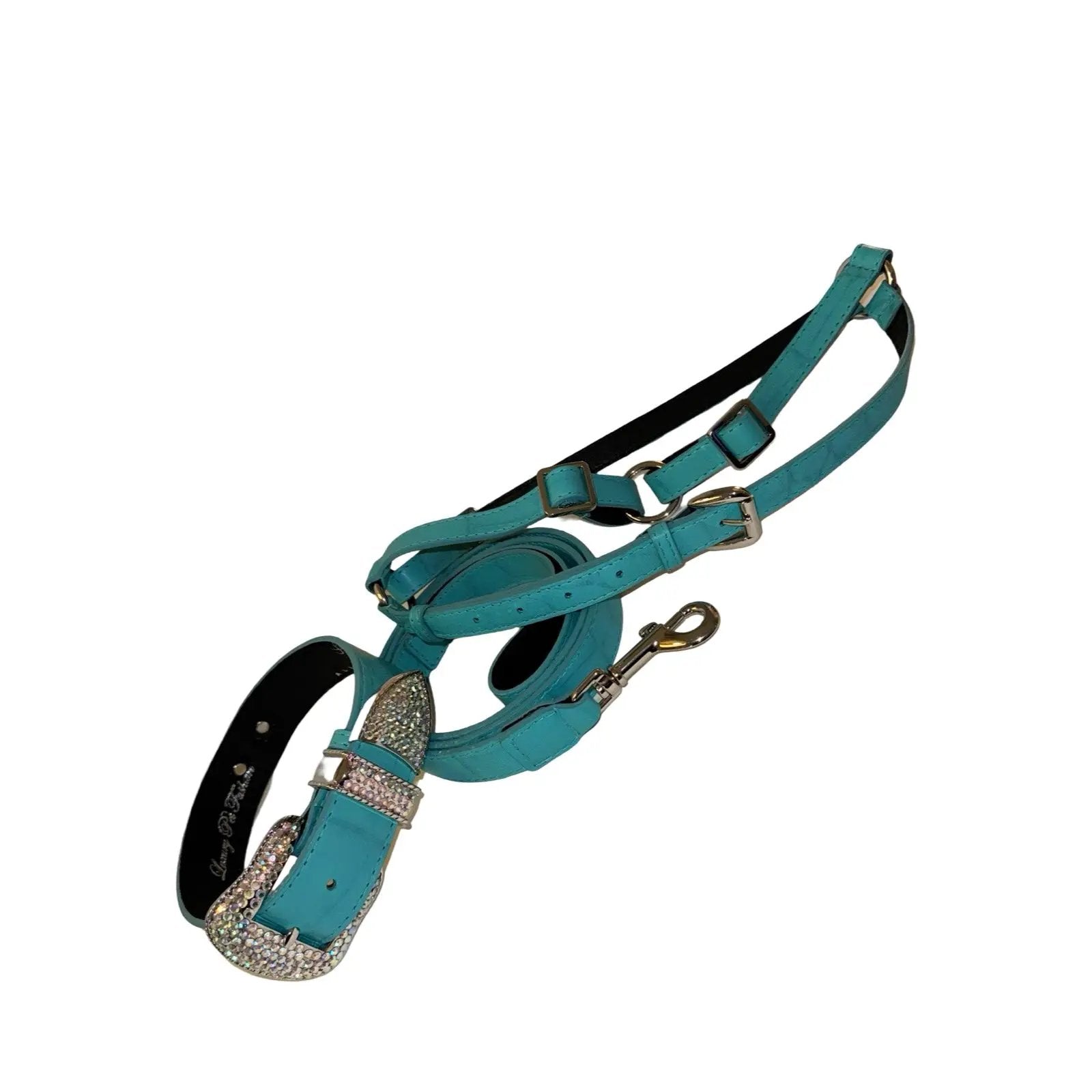 Tiffany Collection turquoise croc-embossed leather dog harness, collar and leash set with Swarovski crystal hardware