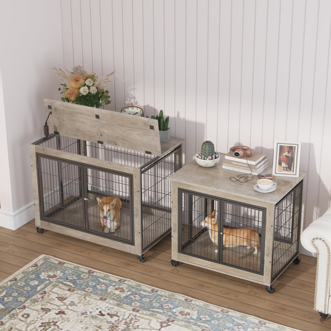Rolling Wooden Dog Crate Table with Lift Top – Grey – photo 16