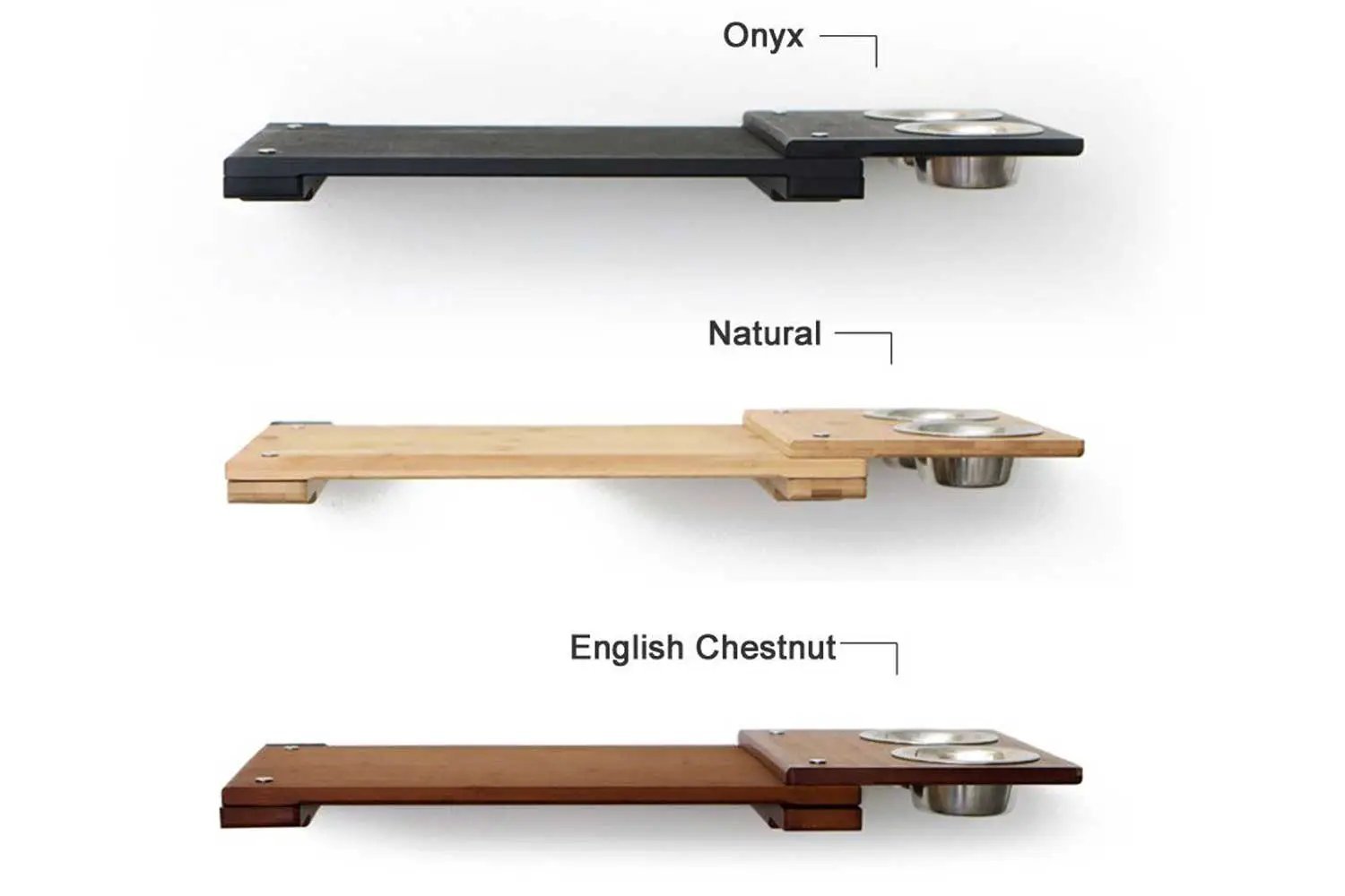 Wall Mounted Cat Feeding Shelf; three finishes including Onyx, Natural, English Chestnut with bowls.