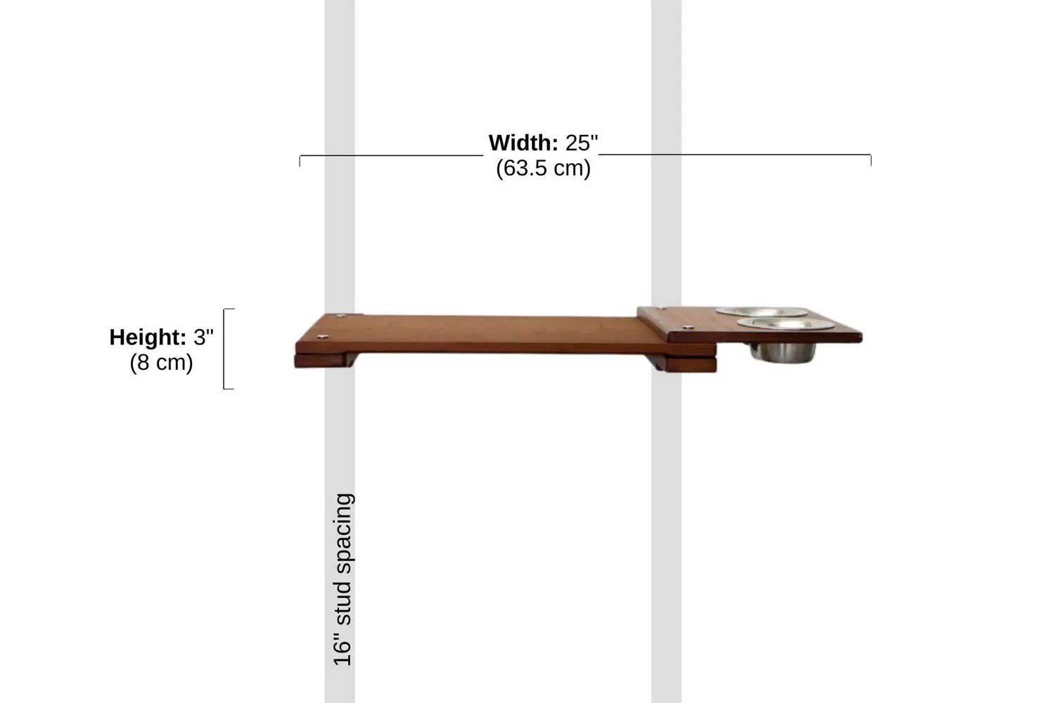 Catastrophic Creations wall-mounted cat feeding shelf, brown wooden plank with two bowls