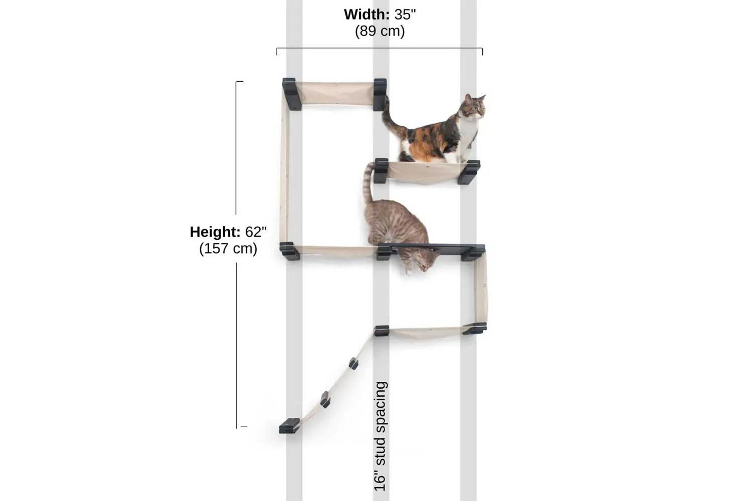 The Deluxe Cat Fort cat condo with beige fabric hammocks on natural wood posts