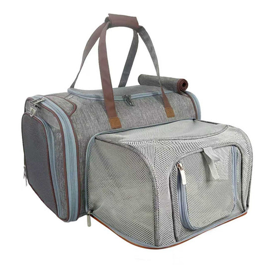 Mr. Peanut's Gold Series Big Apple XL Expandable Pet Carrier V3.0, grey fabric with brown handles and mesh front