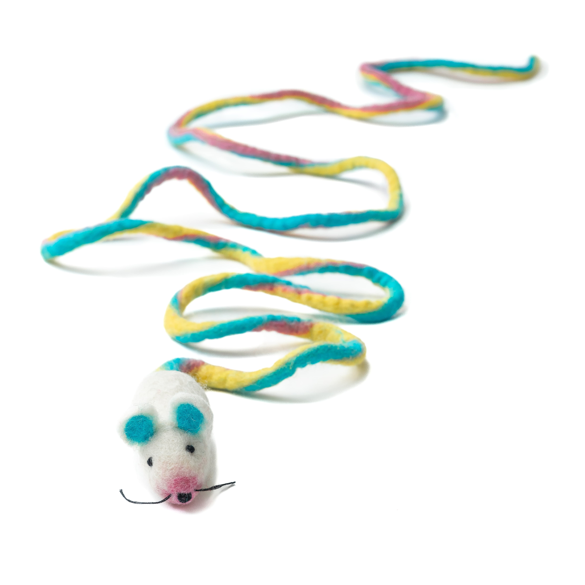 Wool cat toy Catch a Mouse by the Tail by Cat in the Box LLC; white mouse with blue spots and a long rainbow rope tail