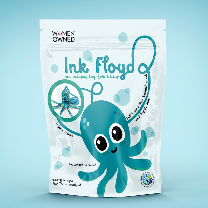Ink Floyd Q cat toy packaging featuring teal wool octopus by Cat in the Box LLC.