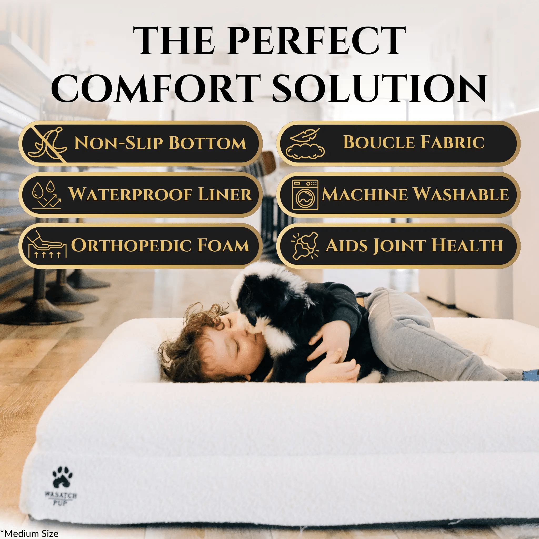 Luxury orthopedic dog bed in white plush fabric, medium size with Wasatch Pup logo; dog cuddling on it