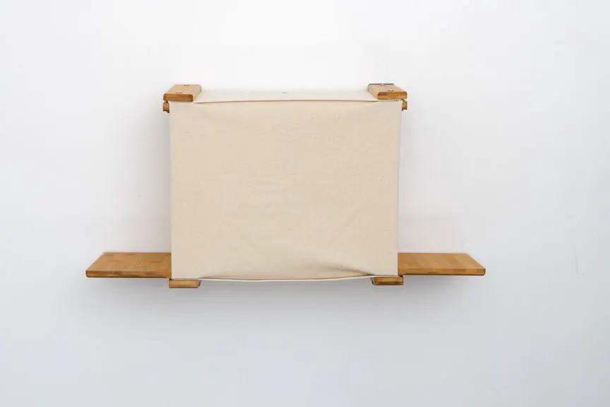 Cat Cubby for Wall covered cat bed by Catastrophic Creations, beige fabric with wooden shelves