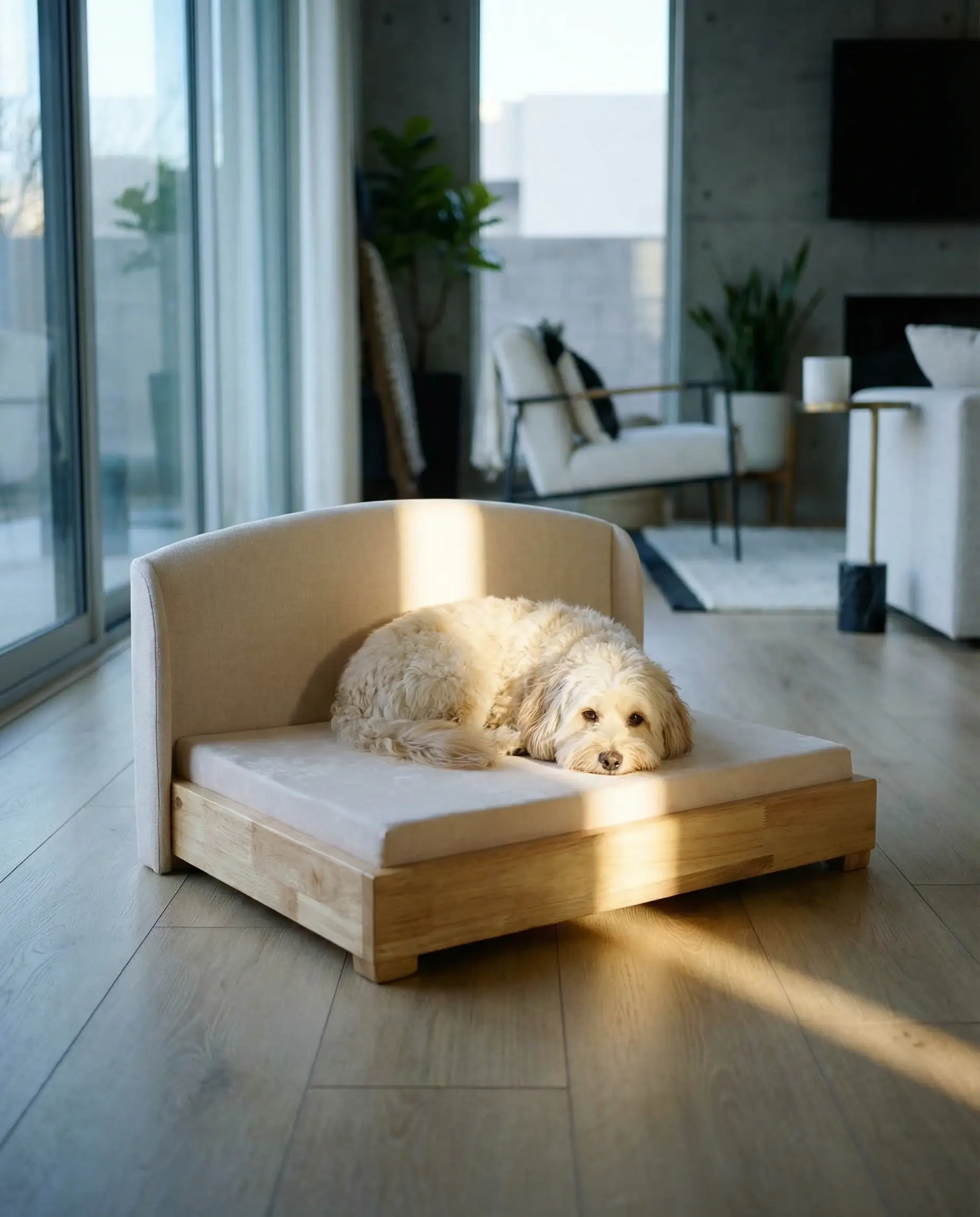 The Haven Luxury Dog Bed with solid wood frame and beige cushion; orthopedic, waterproof-lined, dog resting on it.