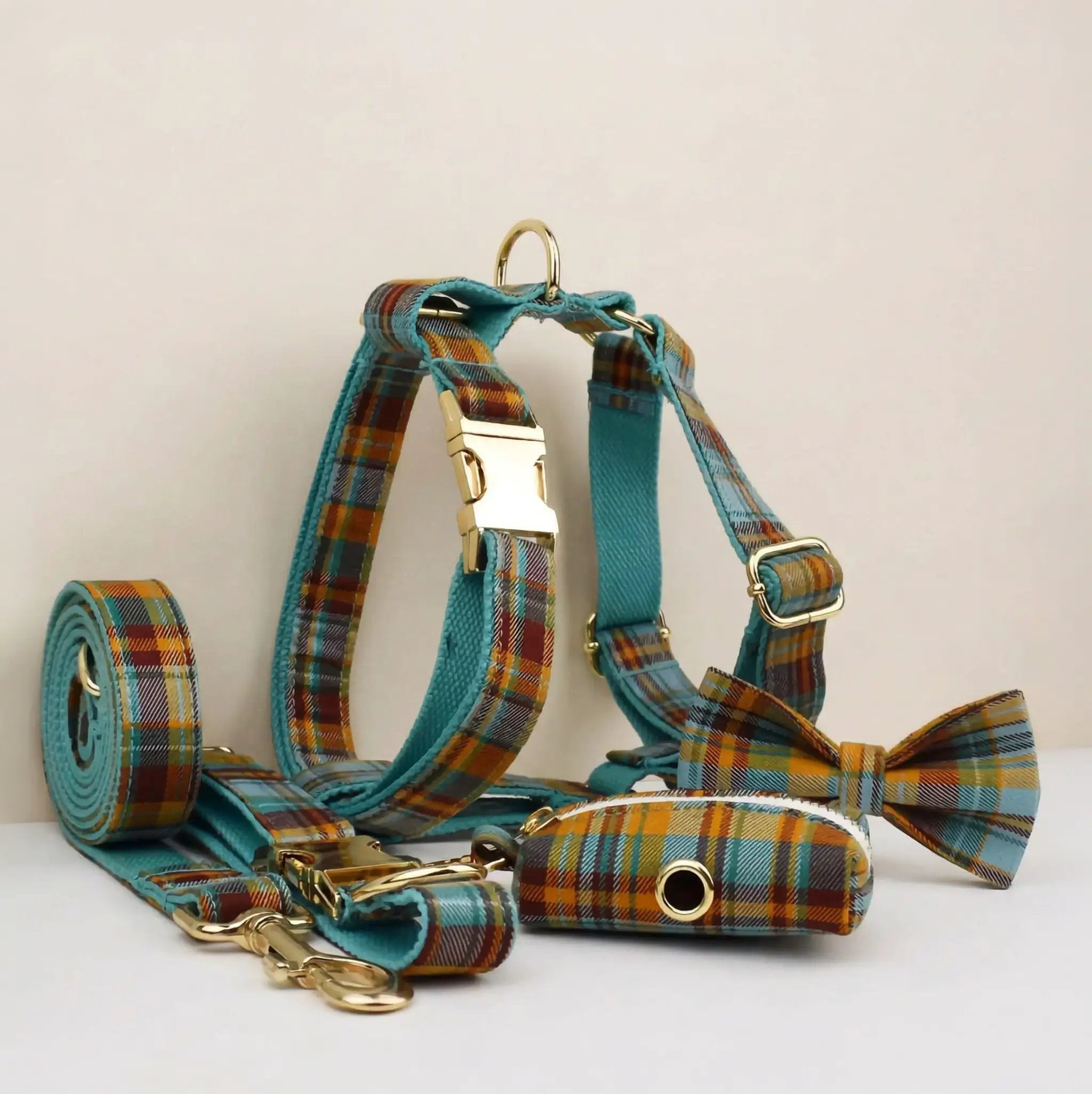 Autumn Blue Plaid Custom No Pull Dog Harness Collar Leash Bow Tie Set With Waste Bag Holder by DDPaws