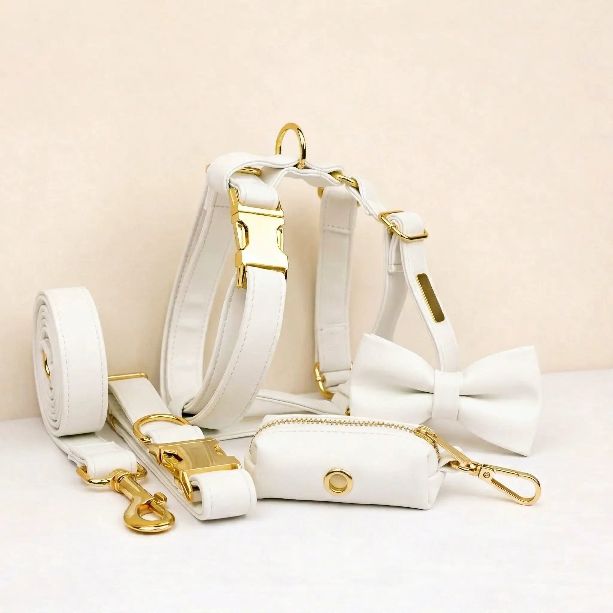 Classic Elegance White Premium Leather Dog Walking Collar Leash Set by DDPaws