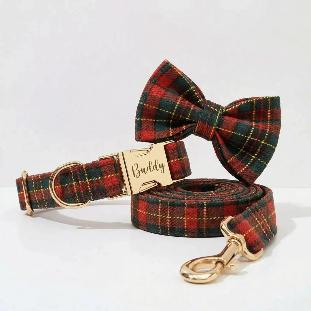 Red Tartan Christmas No Pull Dog Harness Set With Leash Personalized by DDPaws