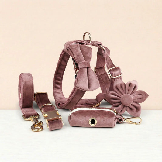 Dusty Pink Velvet Dog Harness And Leash Set Custom Engraved No Pull by DDPaws