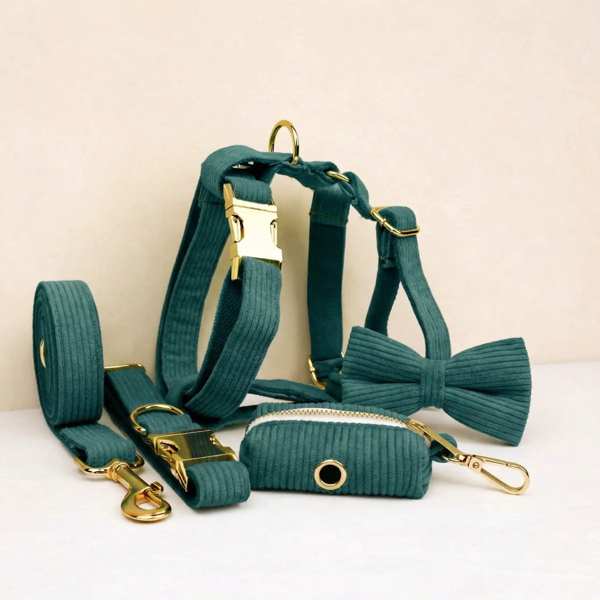 Personalized Dark Green Corduroy Harness Collar Leash No Pull Set by DDPaws