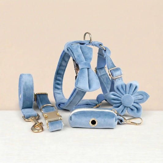 Luxury Blue Velvet Custom Dog Harness Set No Pull Sleek Hardware by DDPaws