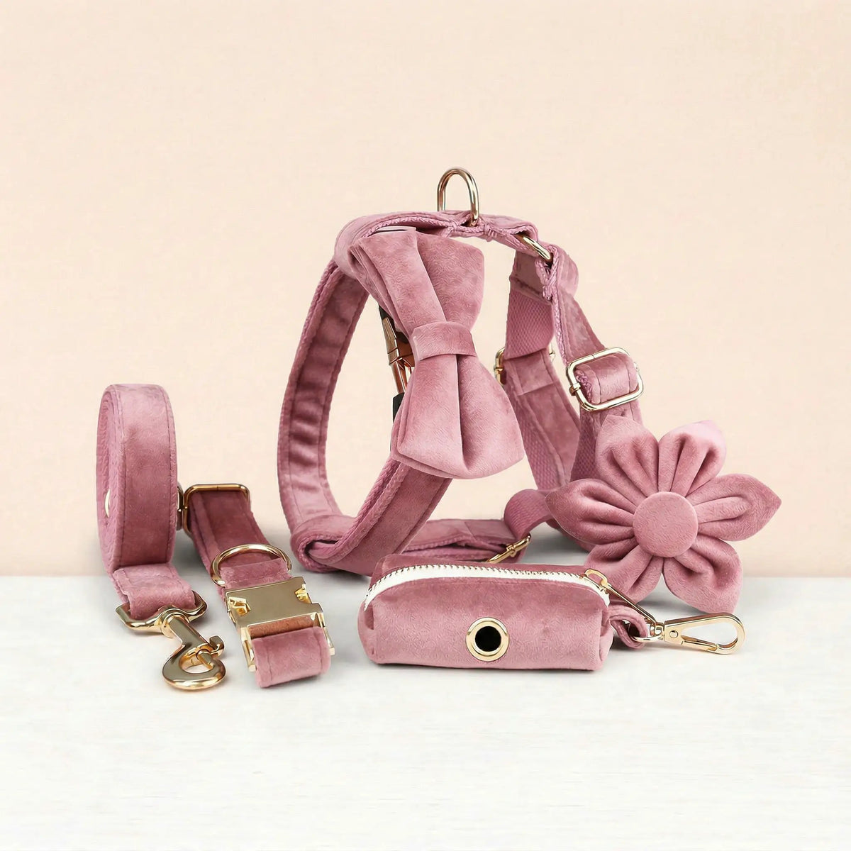 Pink Velvet Dog Harness And Leash Set Personalized Soft Durable Fit by DDPaws