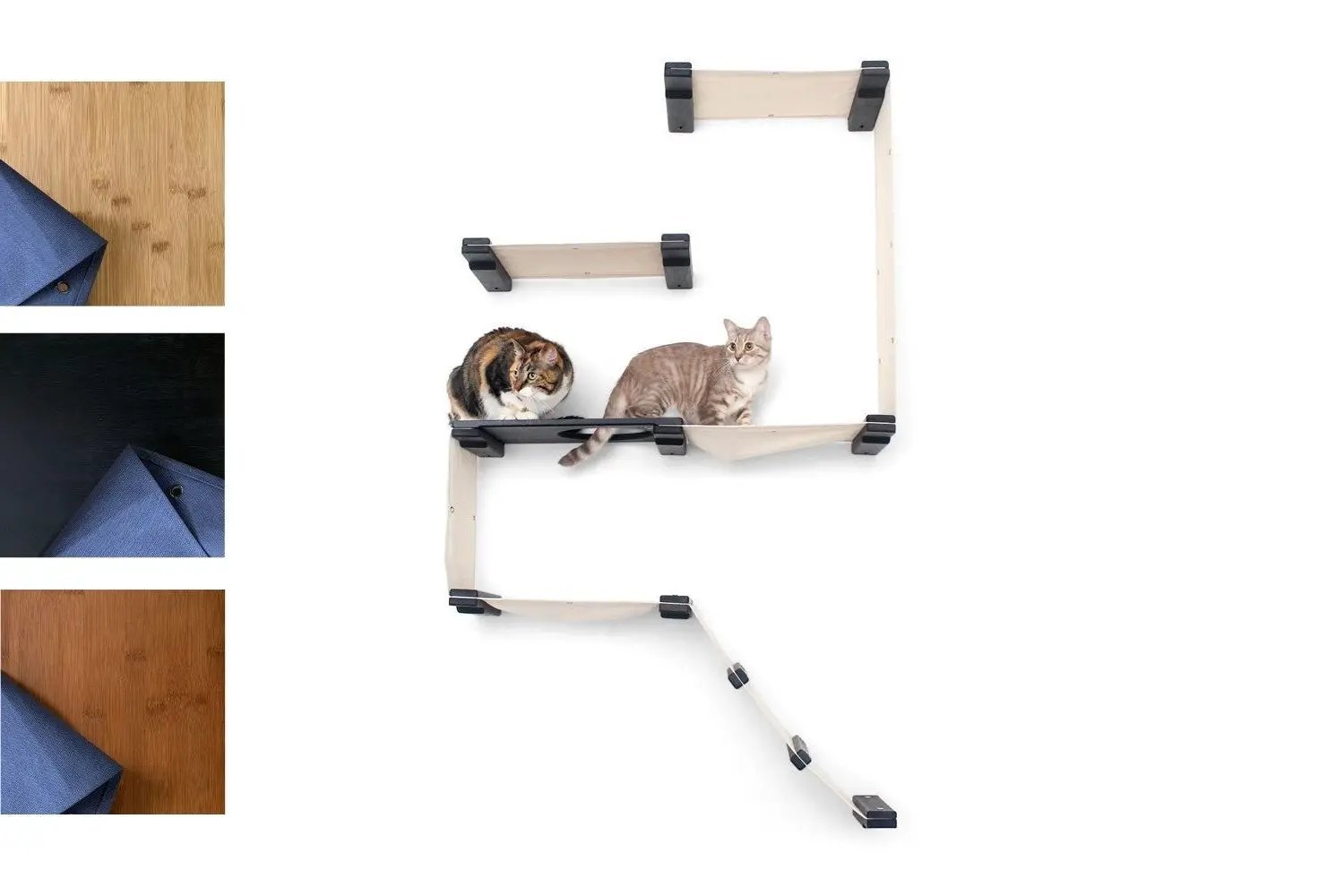 The Deluxe Cat Fort - Modern Cat Condo with beige fabric straps on a light wood frame with two cats.