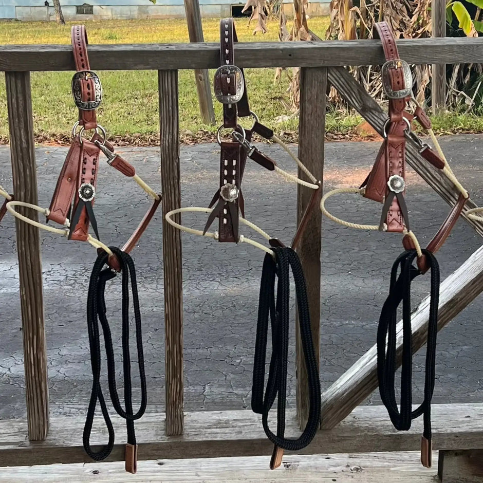 Prestige Leather Handmade Rope Nose Halter With Detachable Lead Rope And Lariat Tassels Conchos Buckstitching Trim by Summerdale Western Store