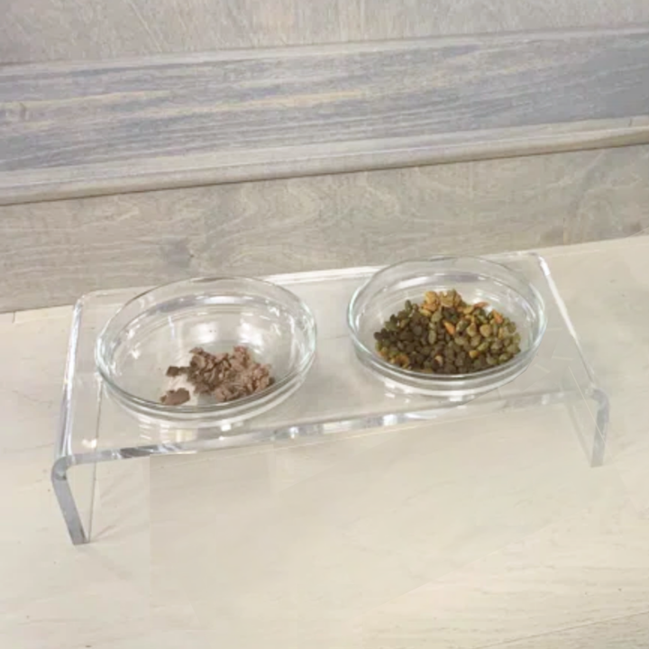 Hiddin Clear Acrylic Double Feeder with Glass Bowls – 3 in High