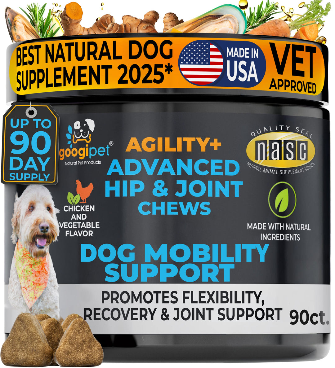 Googipet Agility+ Hip &amp; Joint Chews jar, front label