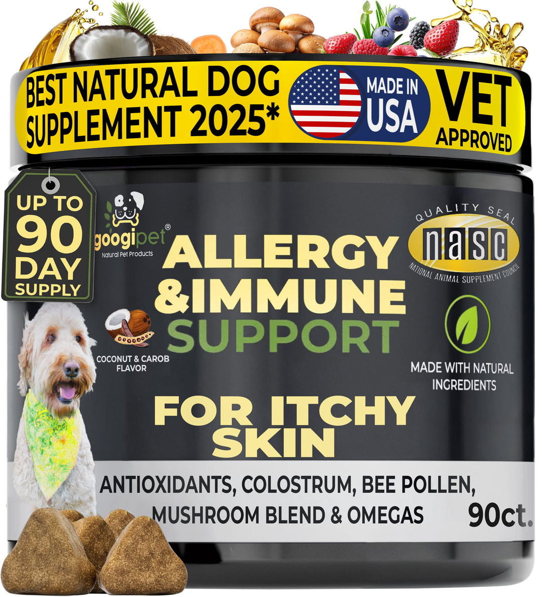 Googipet Allergy &amp; Immune Support Chews (Coconut &amp; Carob) jar, front label