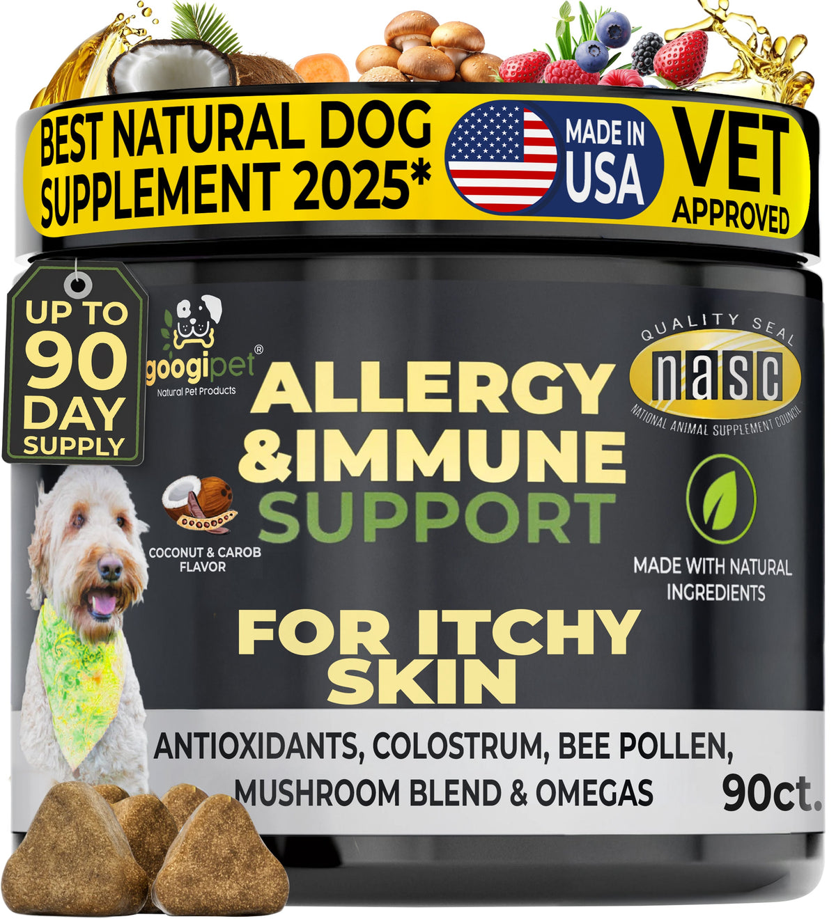 Googipet Allergy & Immune Support Chews (Coconut & Carob) jar, front label