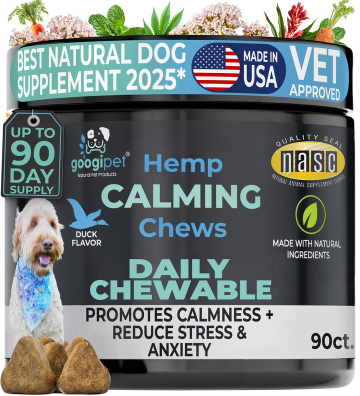 Googipet Hemp Calming Chews jar, front label
