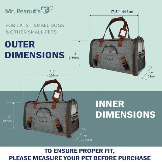 Mr. Peanut's Gold Series V2.0 Pet Carrier, air travel approved, grey fabric with brown accents.