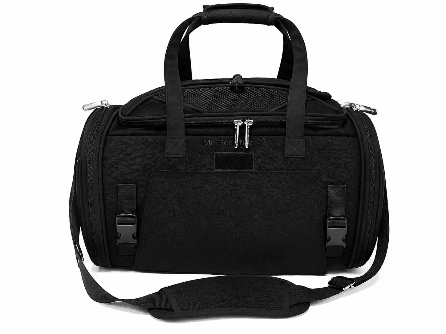 Mr. Peanut's Gold Series Mini Expandable V3.0 Pet Carrier, black fabric, air travel approved.