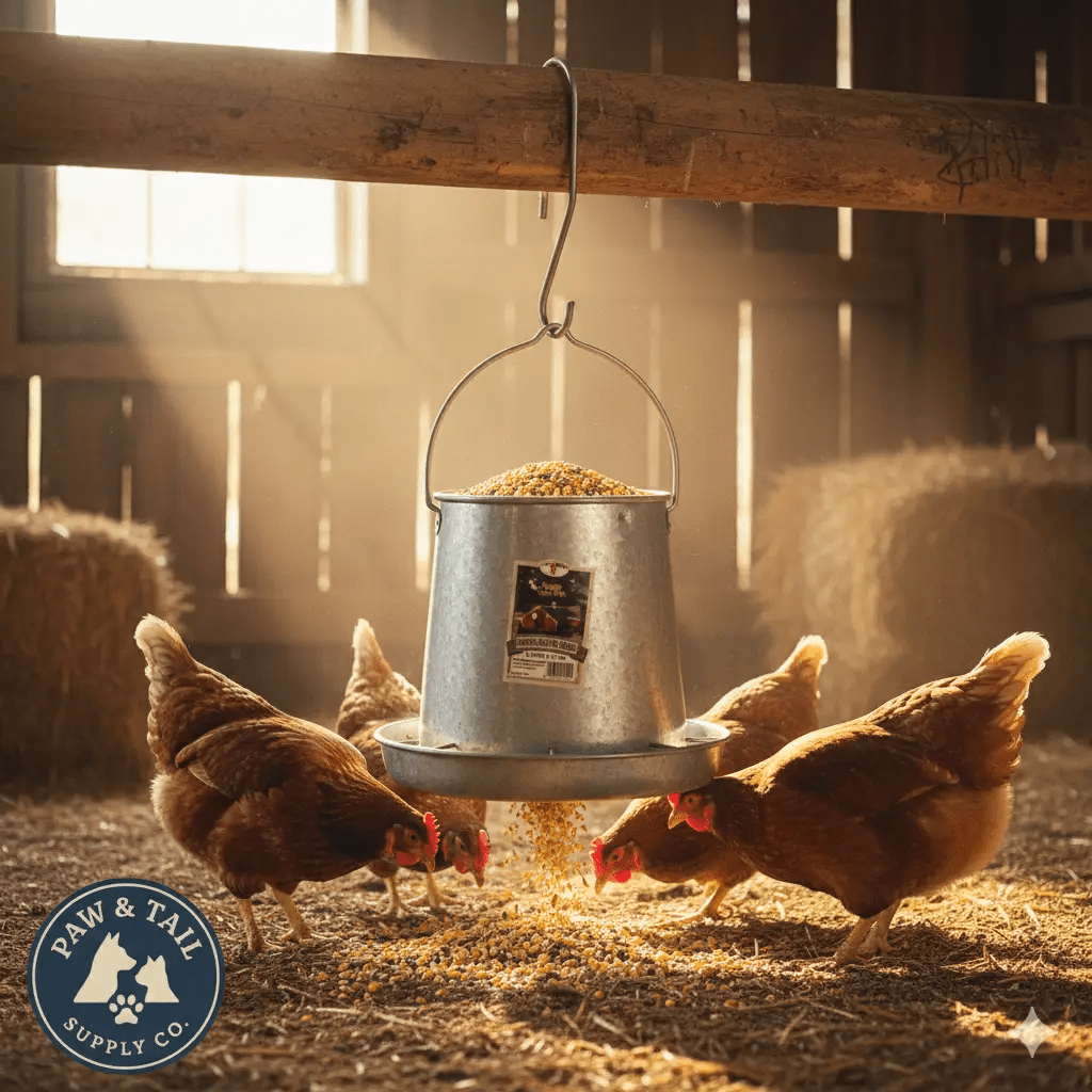 Miller Galvanized Hanging Chicken Feeder 12 lb Metal Poultry Feed Dispenser by Paw and Tail Supply