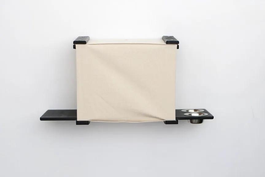 Deluxe Cat Cubby Bed by Catastrophic Creations; beige fabric cubby with black metal wall-mount shelves.