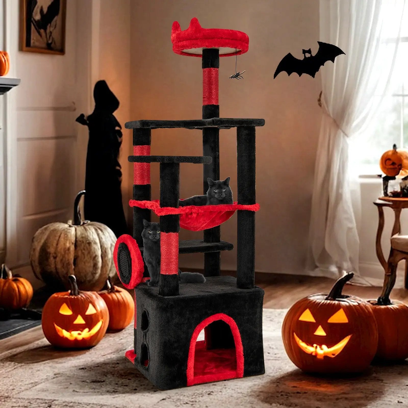 Gothic Cat Tree with Plush Perch and Spider Dangling Toy in black and red 
