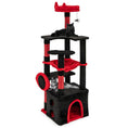 Load image into Gallery viewer, Gothic Cat Tree with plush black and red perches, spider dangling toy, 2 cats

