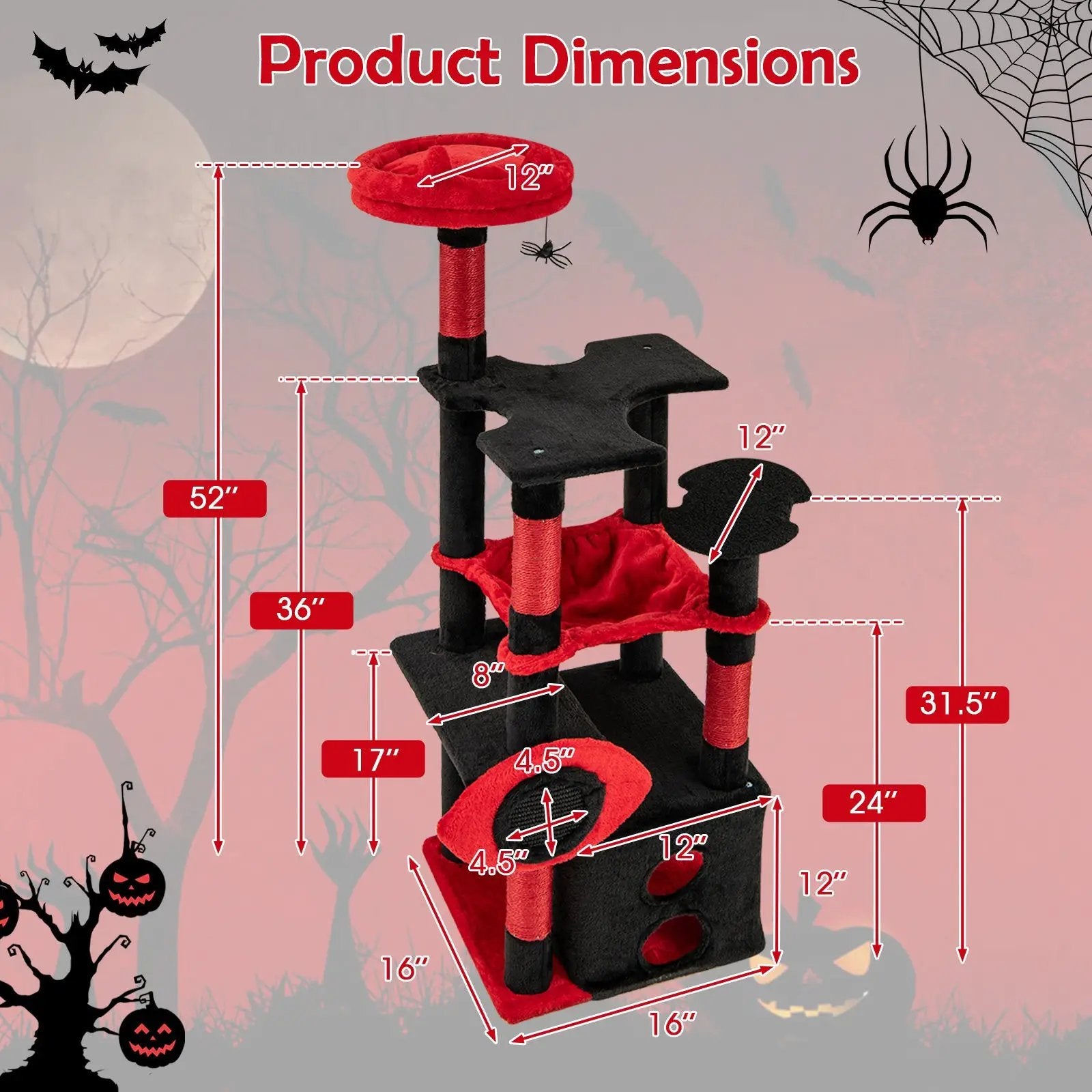 Gothic Cat Tree with plush red perch and black posts, spider dangler