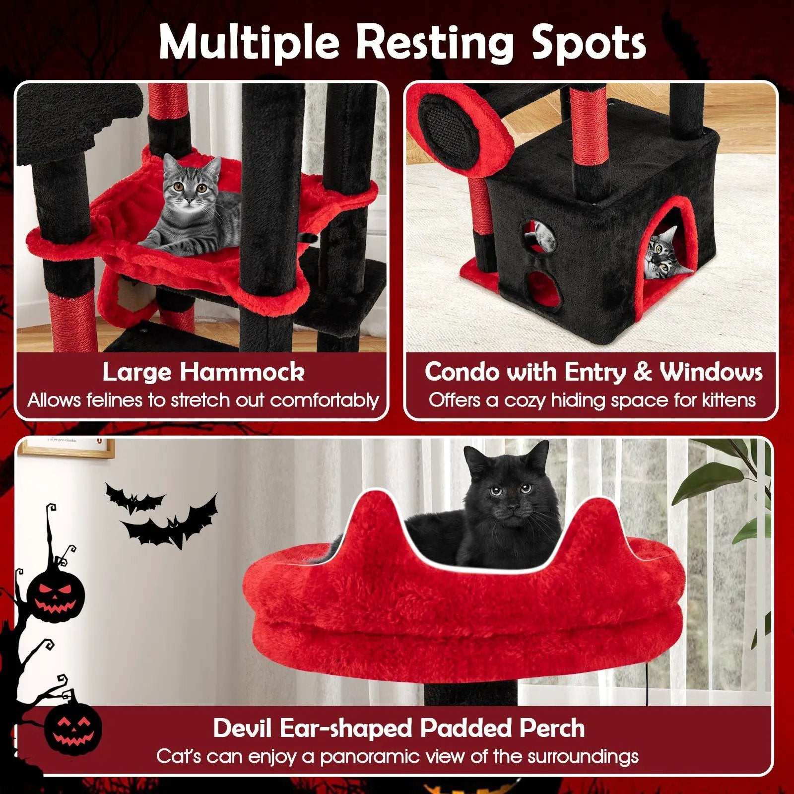 Gothic Cat Tree in black and red with plush perch and spider-dangling toy
