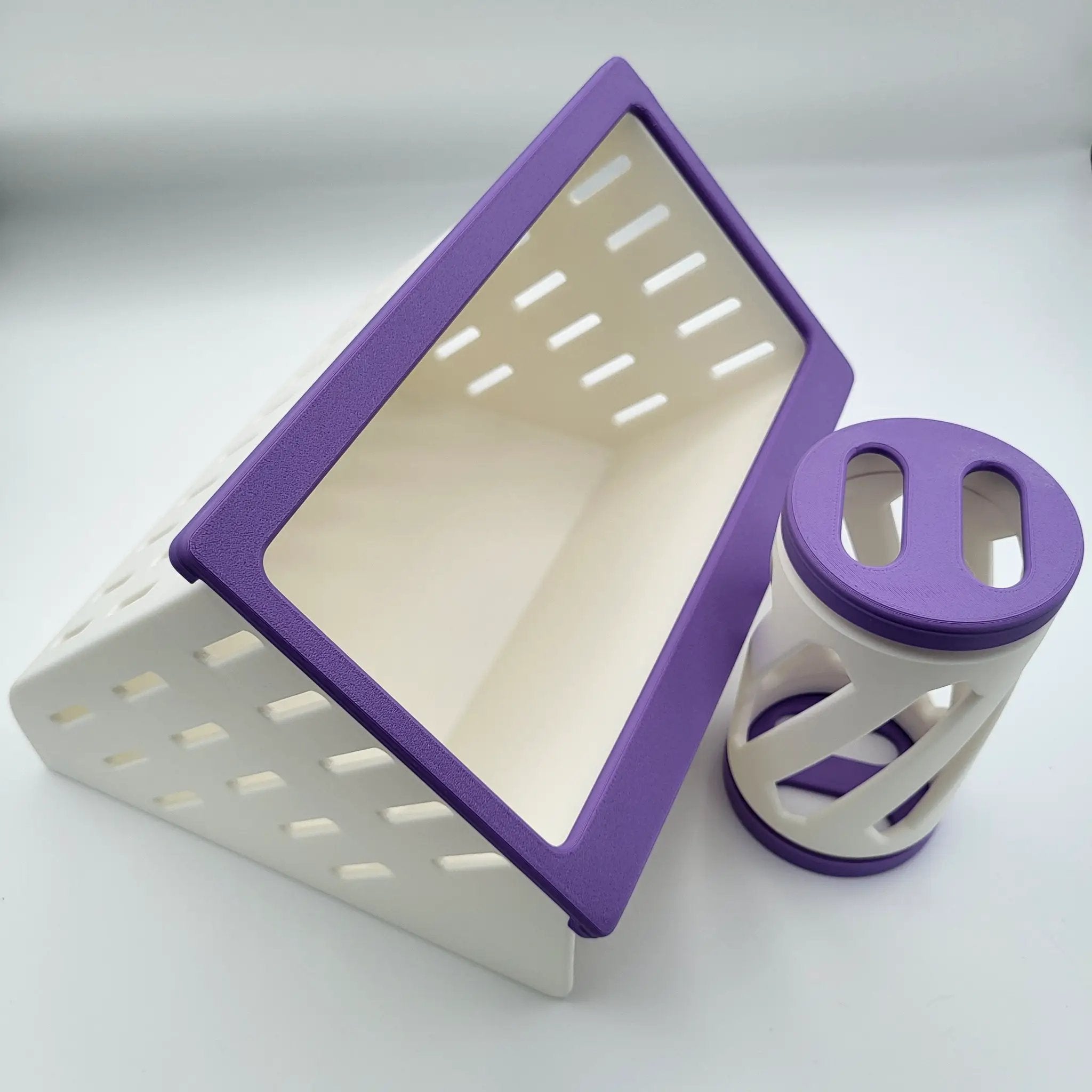 Open Air Hay Feeder and Hay Roller Bundle, purple and white plastic for small animals