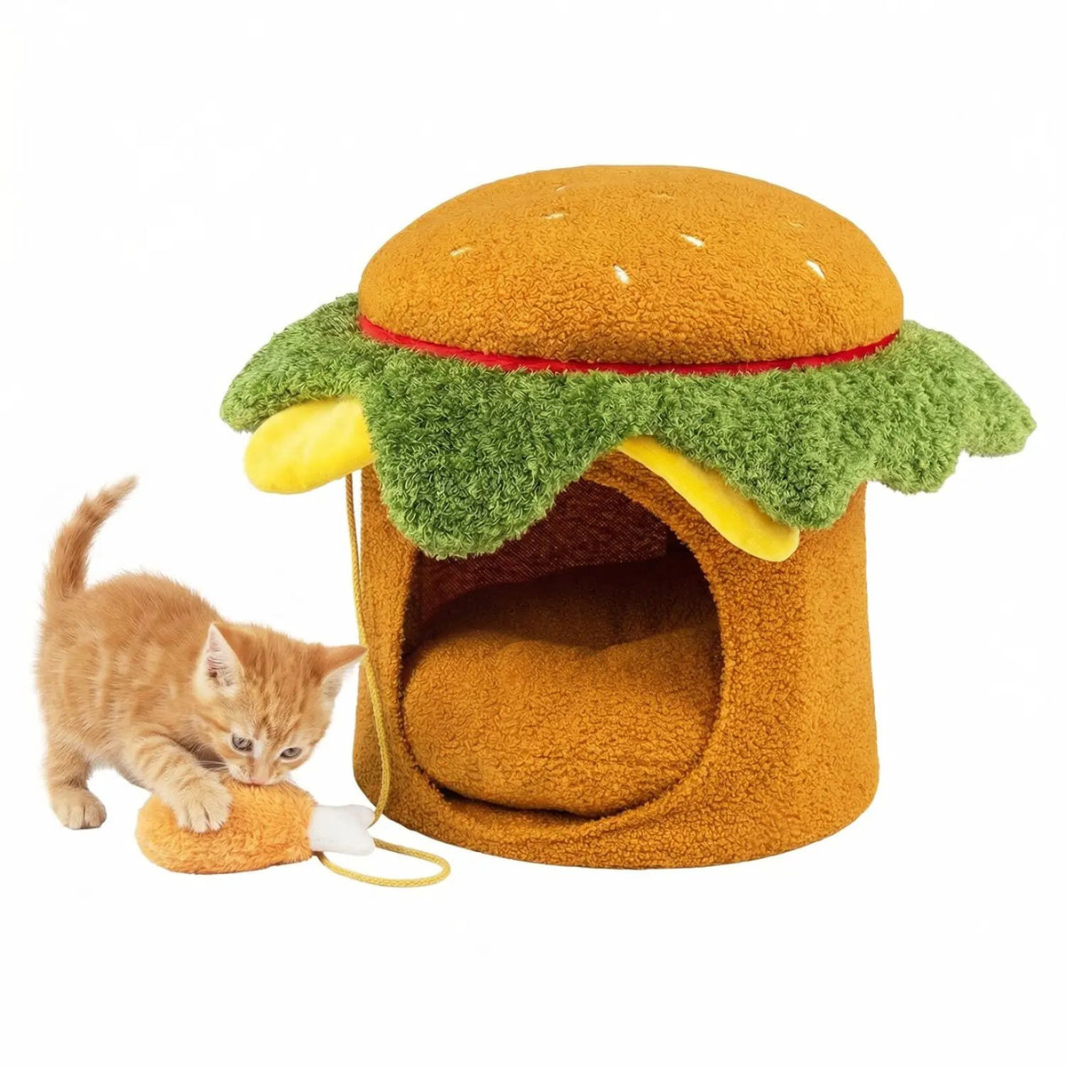 Hamburger Cat Nest by DirectDeals; orange bun, green lettuce top, includes chicken drumstick toy and removable cushion
