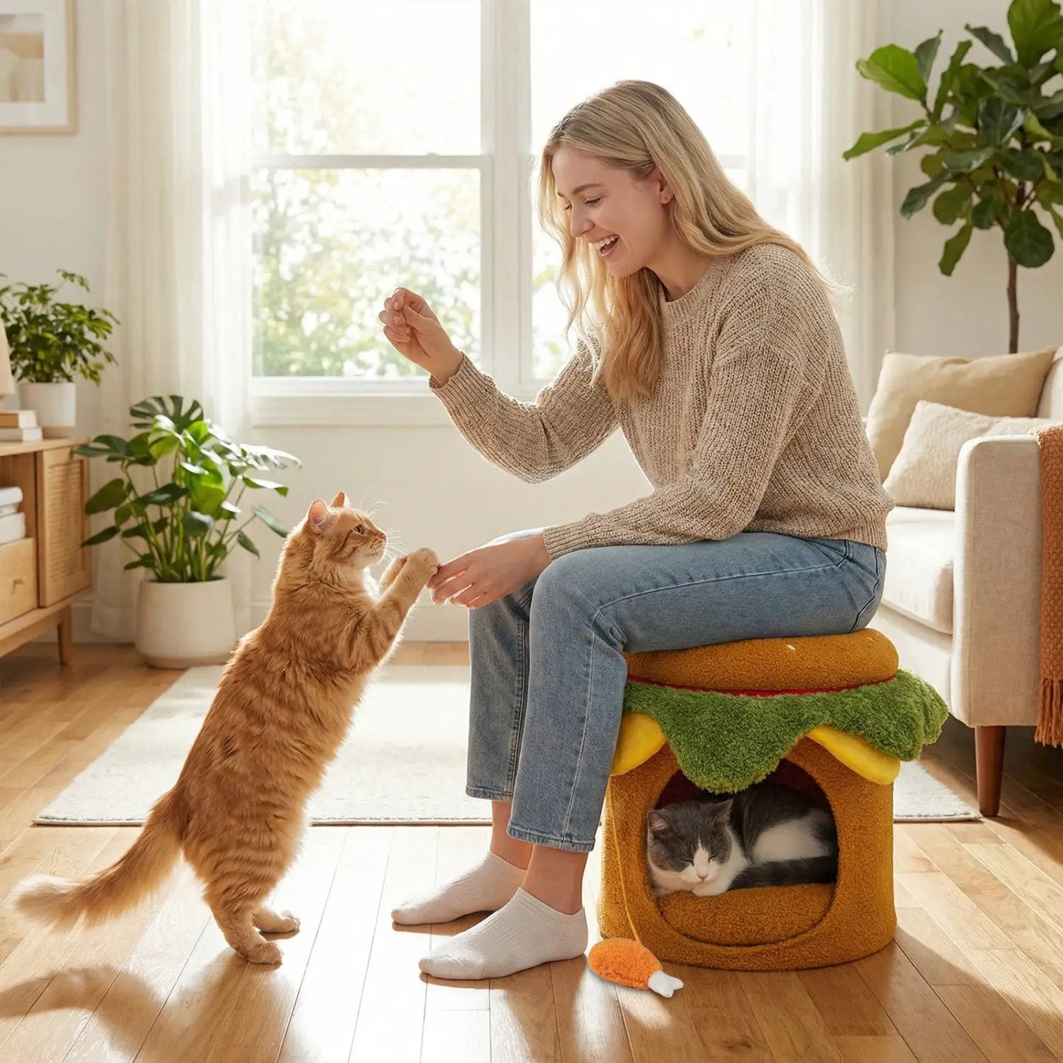 Hamburger Cat Nest with removable cushion; orange bun-style condo with green lettuce accents for indoor cats