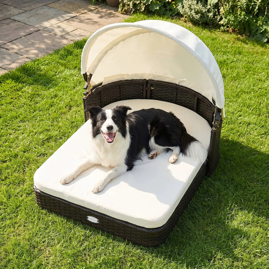 Rattan Pet Daybed with Adjustable Canopy, cream cushion, DirectDeals; outdoors on a lawn with a dog