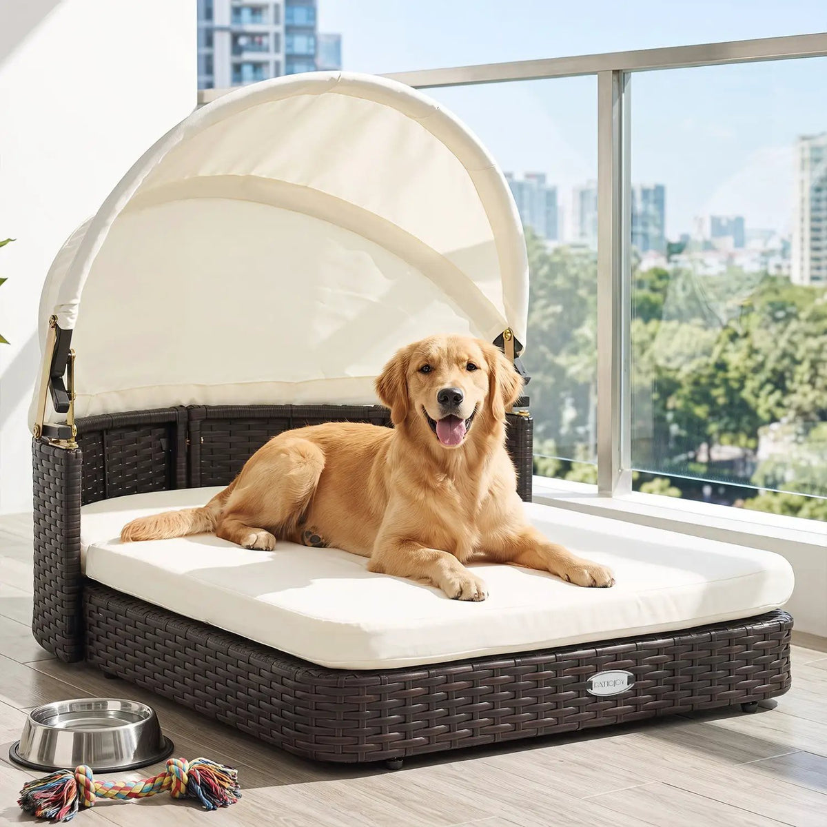 Rattan Pet Daybed with Adjustable Canopy for Small & Medium Dogs, brown wicker frame, white canopy, PatioJoy
