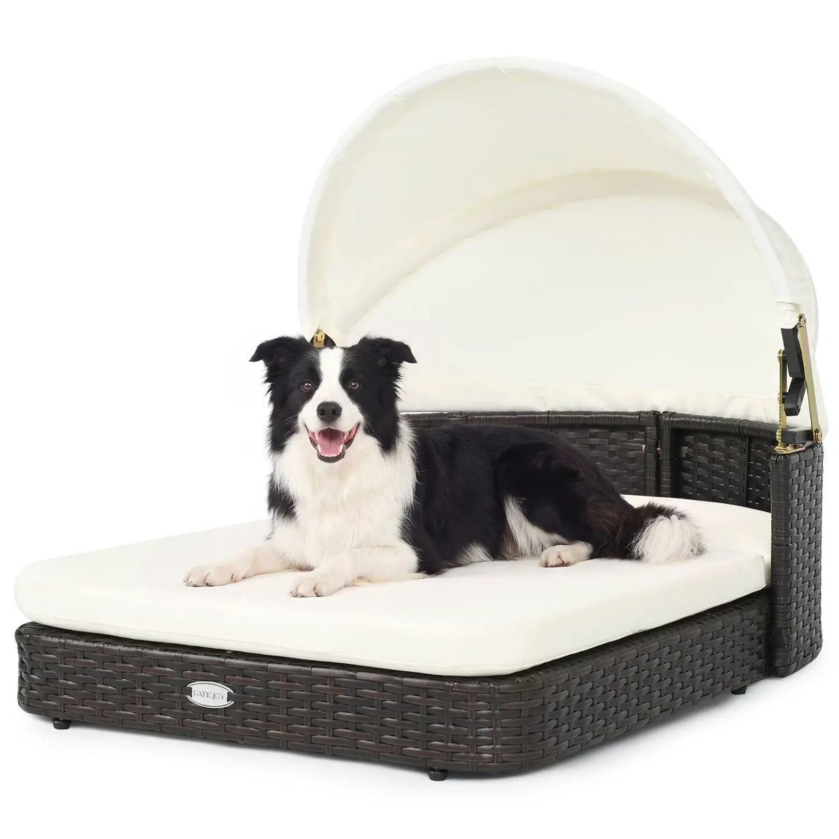 Rattan pet daybed with adjustable white canopy and white cushion on a dark brown wicker base