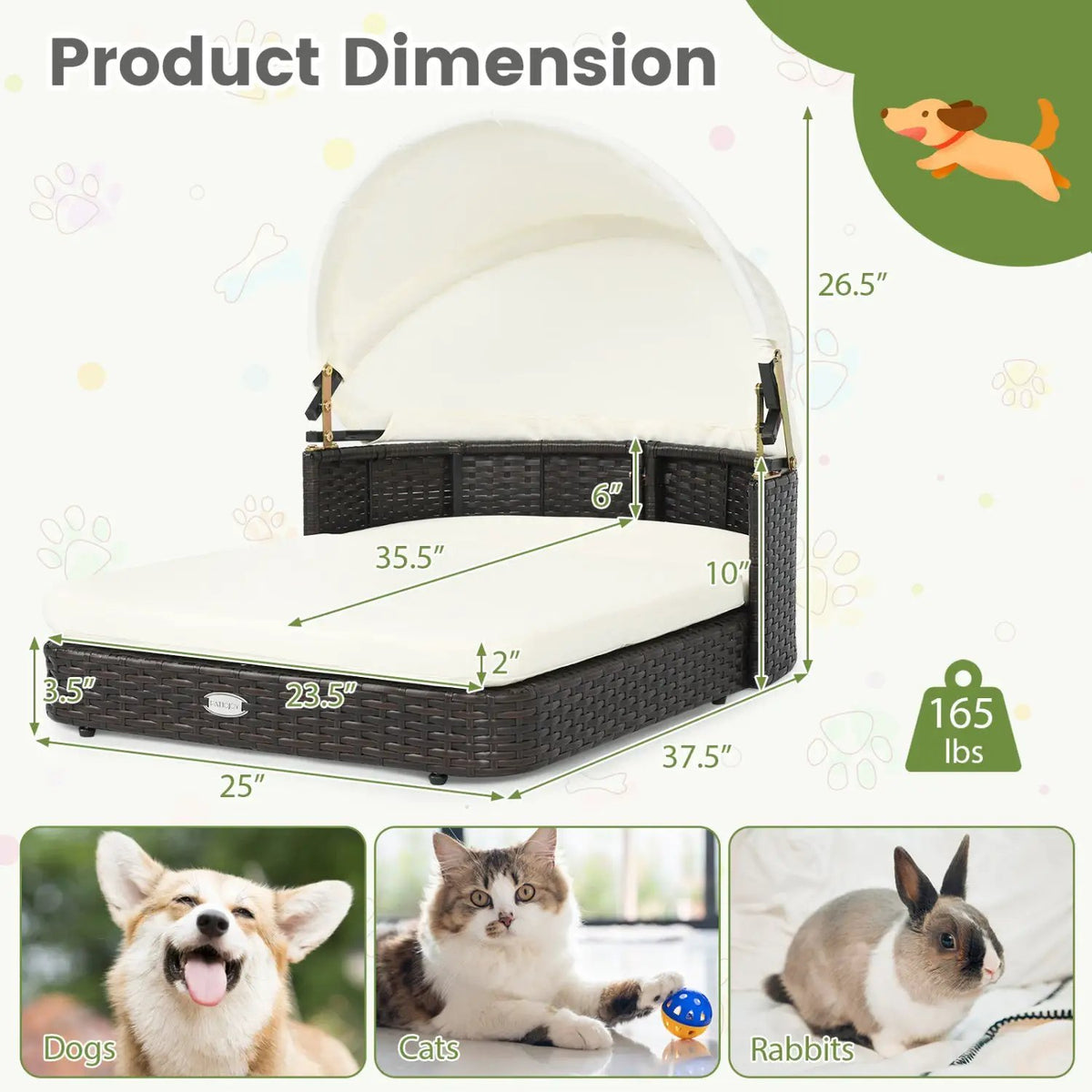 Rattan Pet Daybed with Adjustable Canopy by DirectDeals; wicker frame with cream cushion for small to medium dogs