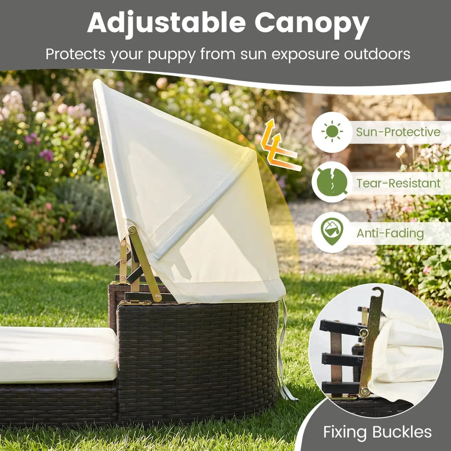Rattan Pet Daybed with Adjustable Canopy by DirectDeals; white canopy over wicker frame for small and medium dogs.