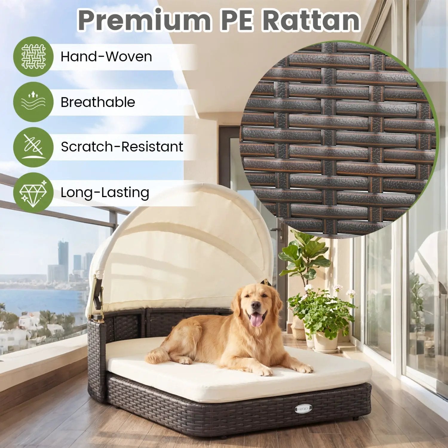 Rattan Pet Daybed with Adjustable Canopy by DirectDeals in dark brown wicker for small and medium dogs