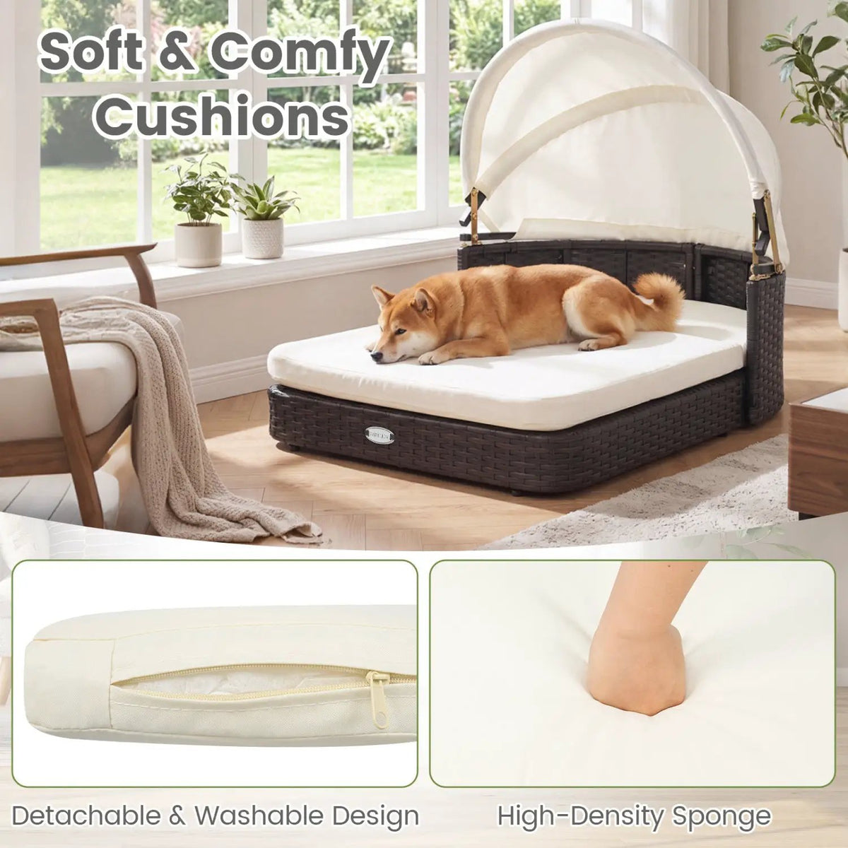 Rattan pet daybed with adjustable canopy, cream cushion, DirectDeals, for small & medium dogs.