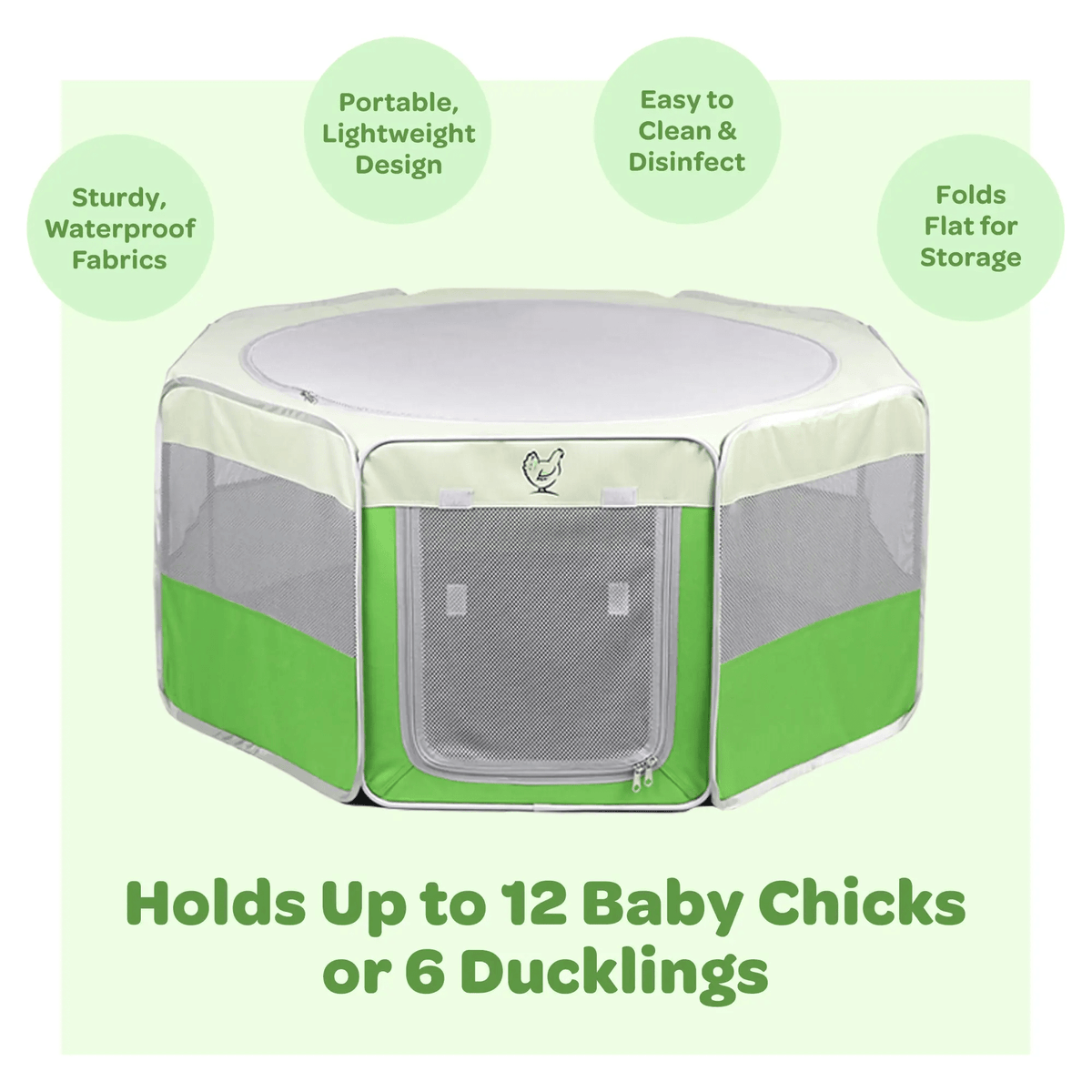 Hen Pen Deluxe Pop-Up Chick Brooder, portable green and beige baby chick habitat.