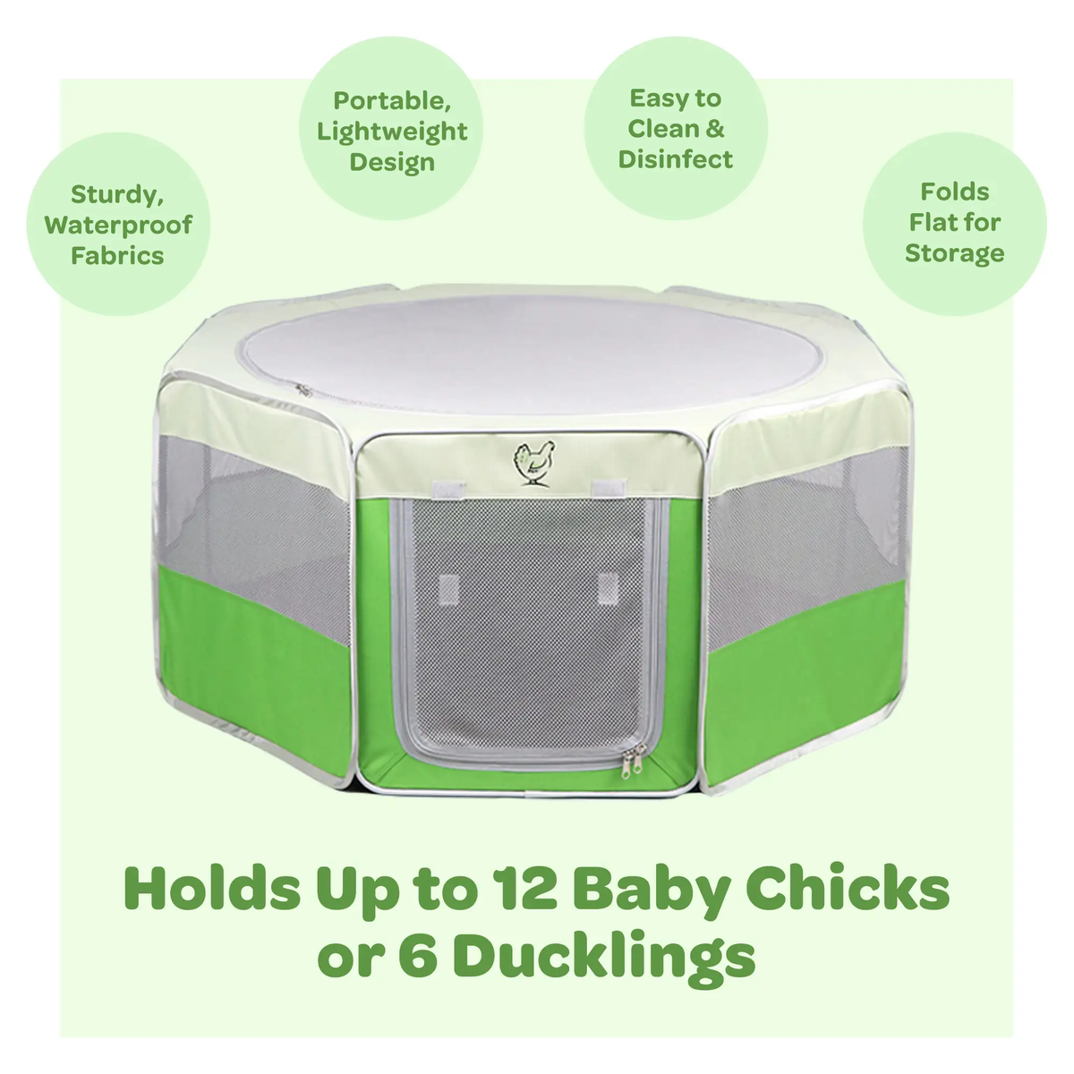Hen Pen Deluxe Pop-Up Chick Brooder, portable green and beige baby chick habitat.