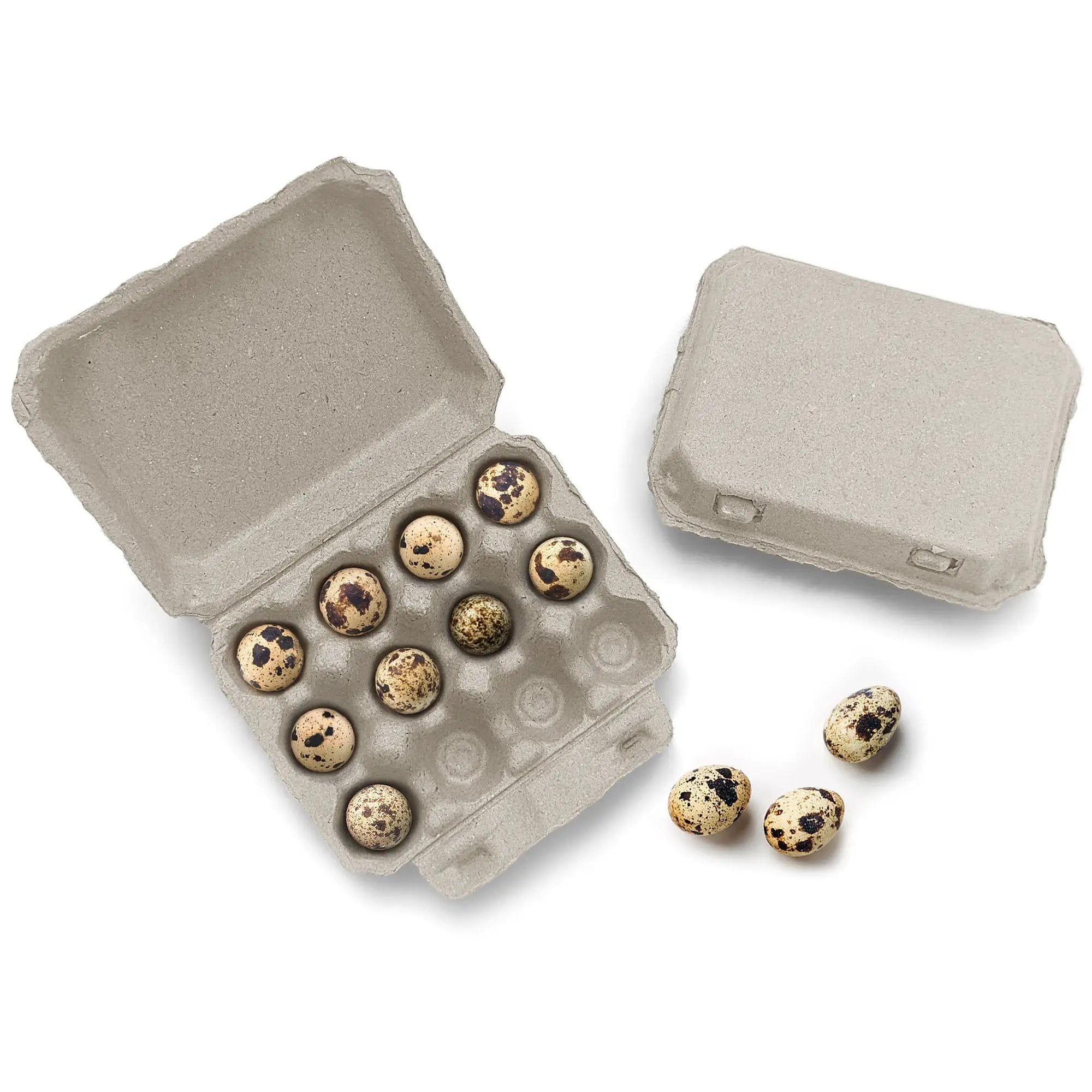 My Pet Chicken Henlay Quail 12-egg carton, 3x4 design; gray cartons with speckled quail eggs (3 shown)