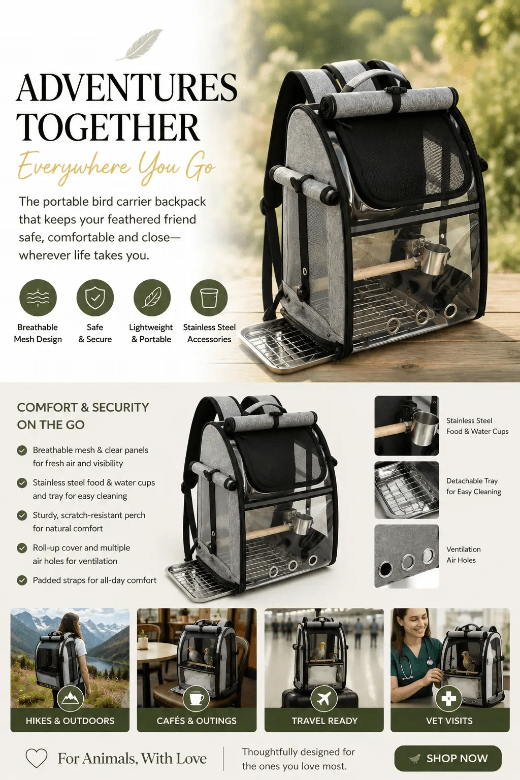 Portable Bird Carrier Backpack With Mesh Ventilation And Stainless Steel Accessories For Birds - from For Animals, With Love