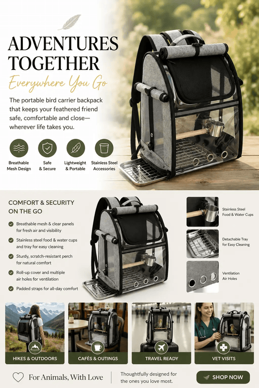 Portable Bird Carrier Backpack With Mesh Ventilation And Stainless Steel Accessories For Birds - from For Animals, With Love