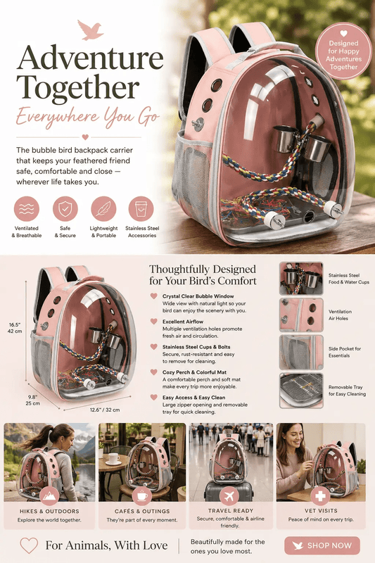 Pink Bubble Bird Backpack Carrier with Ventilation for Parrot Travel - from For Animals, With Love